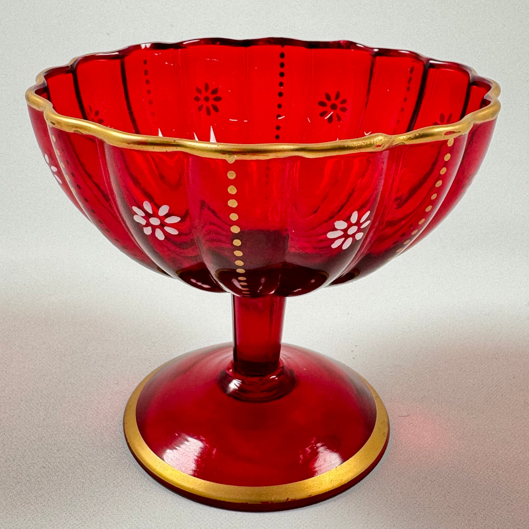 Vintage Röd Glas Skål med Guldkant