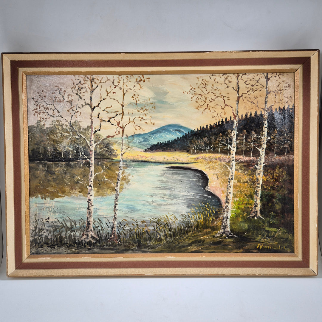 Vintage landskapsmålning med björkar och sjövy