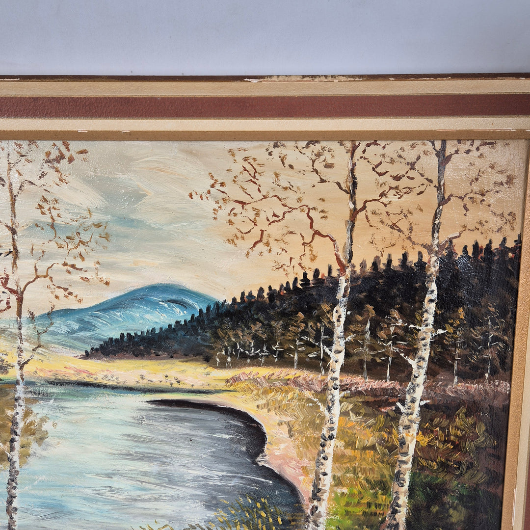 Vintage landskapsmålning med björkar och sjövy