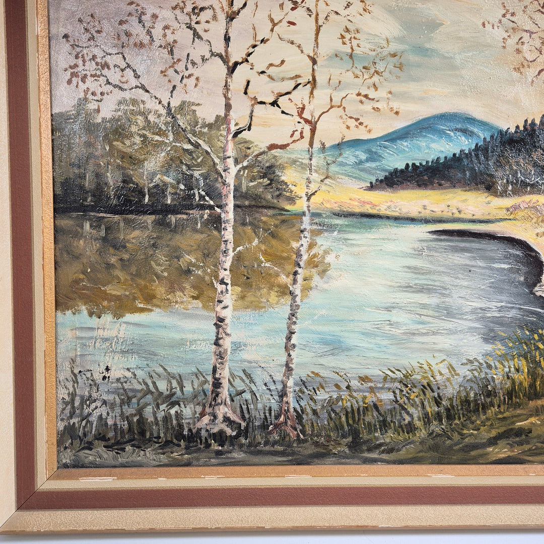 Vintage landskapsmålning med björkar och sjövy