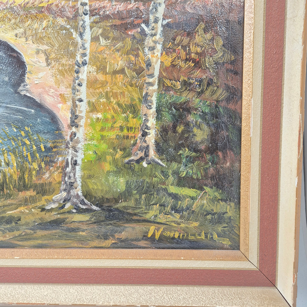 Vintage landskapsmålning med björkar och sjövy