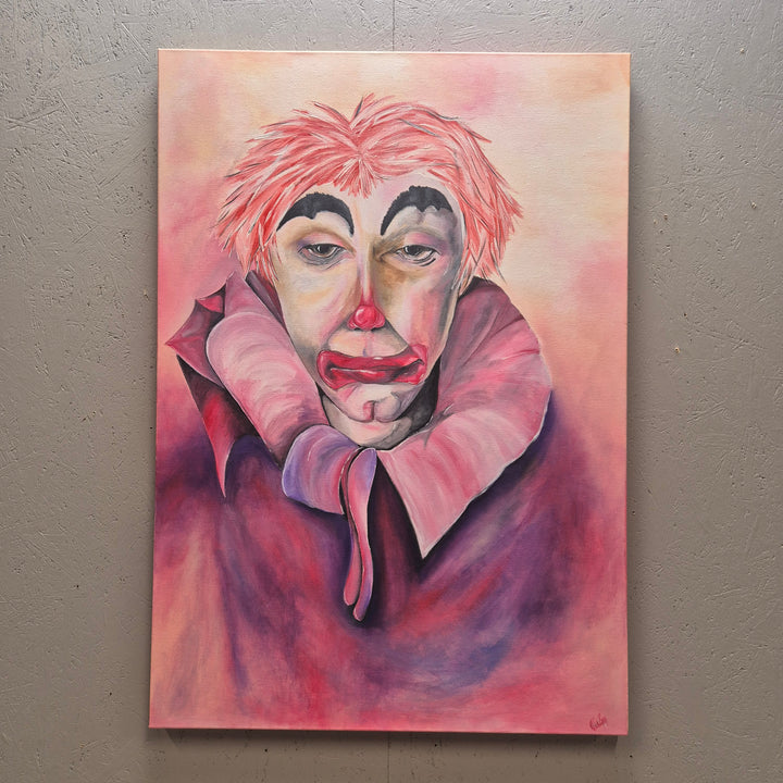 Färgstark tavla med känsloladdad clownmotiv