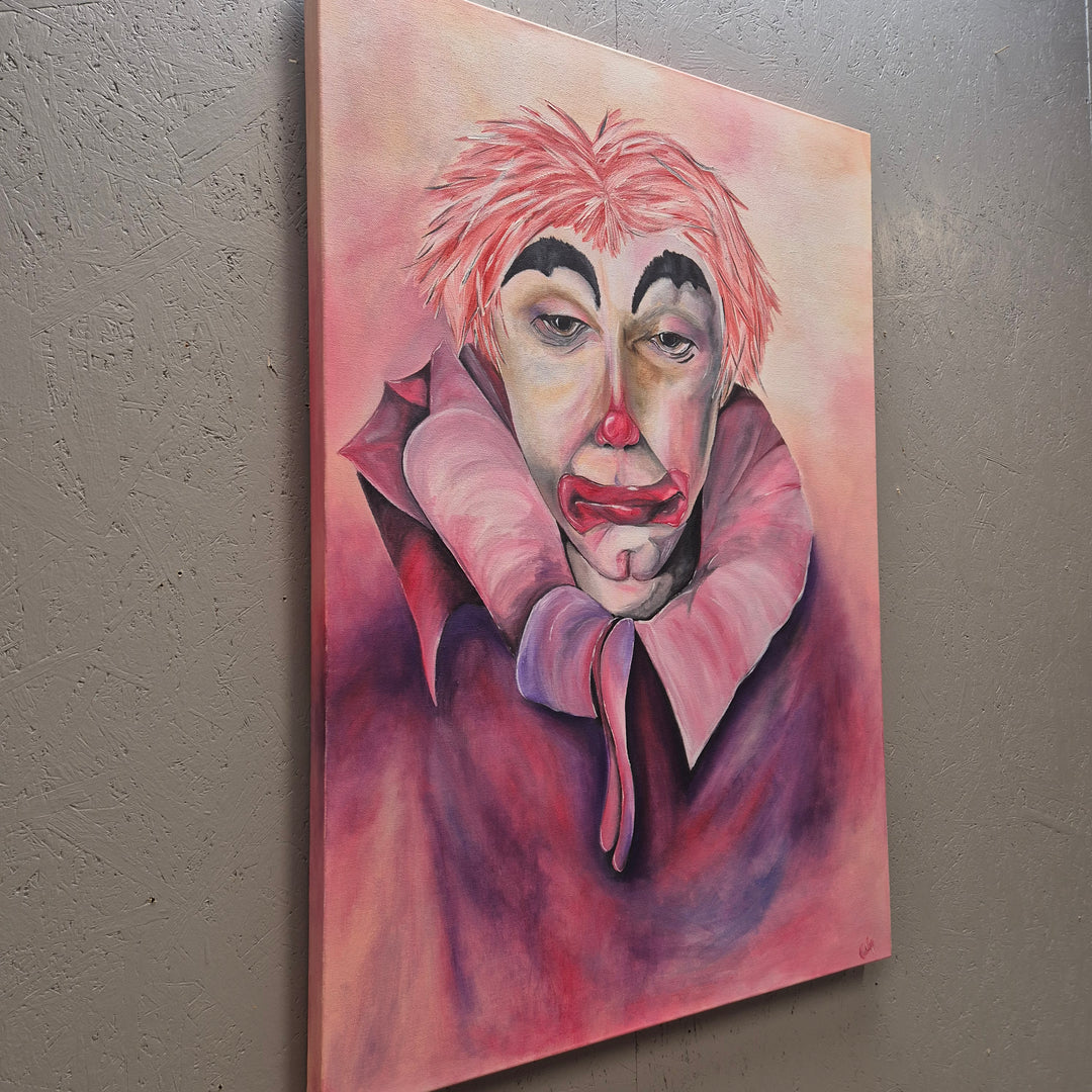 Färgstark tavla med känsloladdad clownmotiv