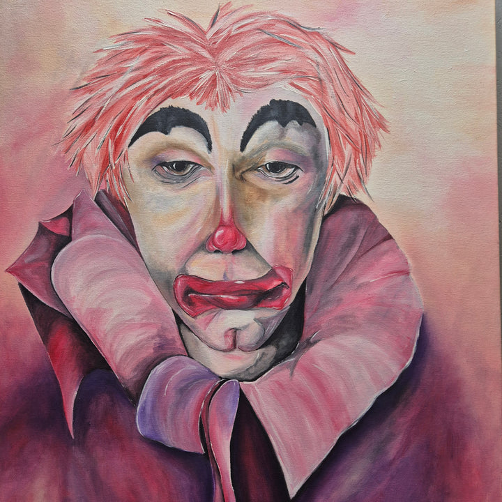Färgstark tavla med känsloladdad clownmotiv