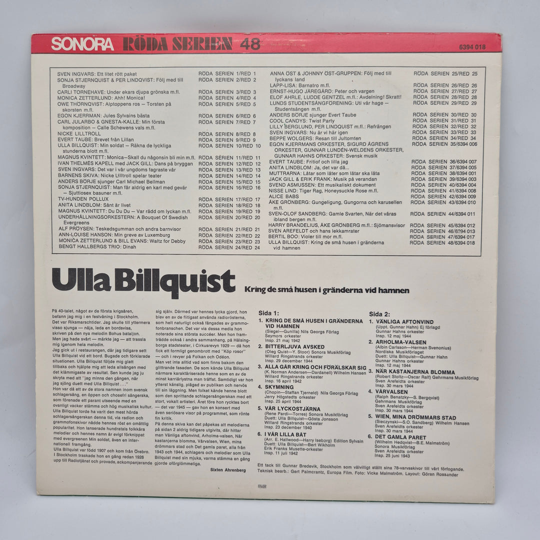 Retro Vinylskiva Ulla Billquist Sonora Klassisk