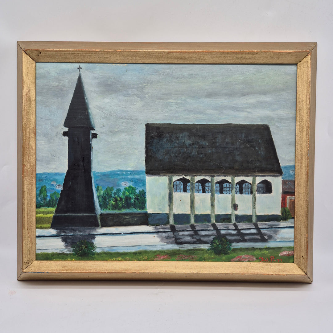 Vintage Oljemålning Kyrka Beckerpannå