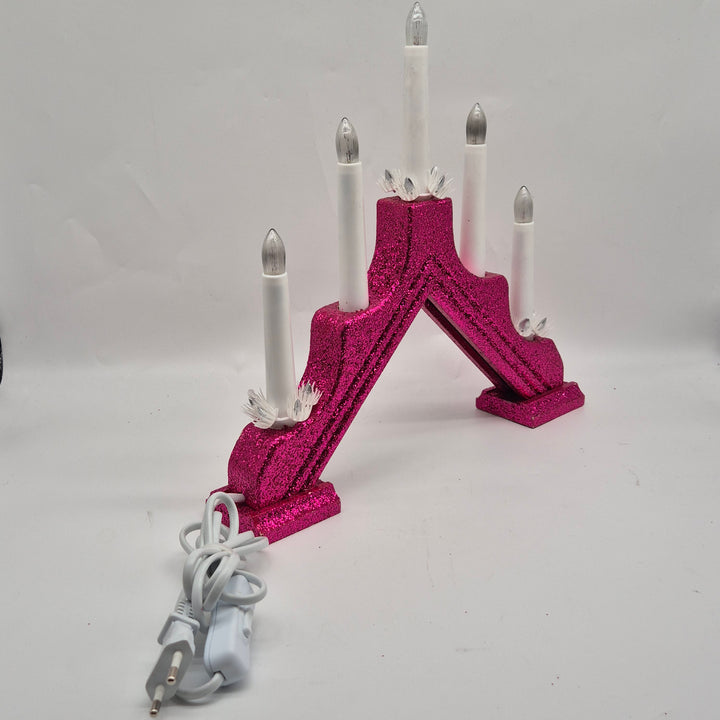 Rosa glittrande elektrisk adventsljusstake vintage