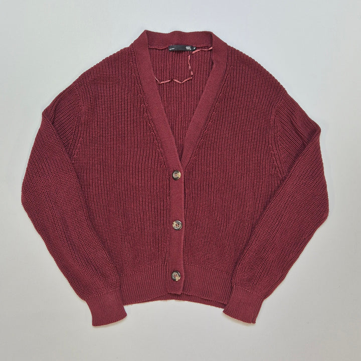Stickad burgundy kofta från 157, storlek M