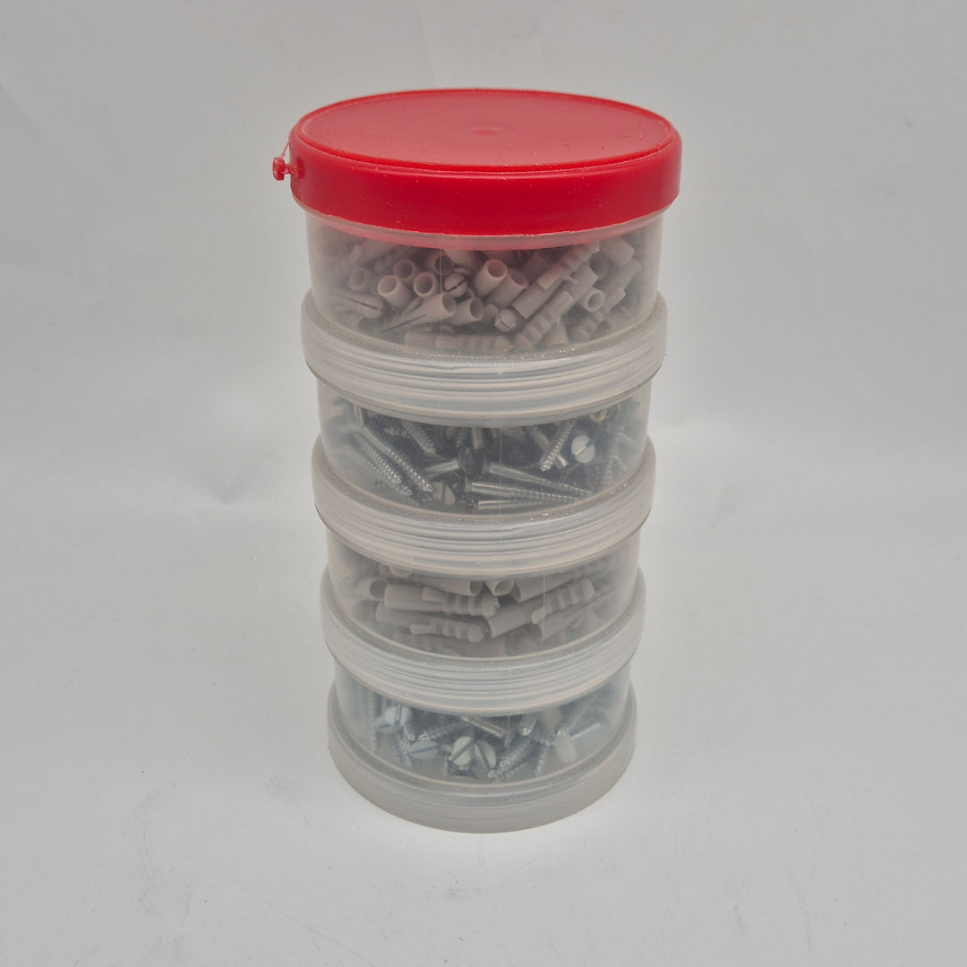 Sortiment med skruvar och plugg i stapelbar plastburk – komplett set för montering