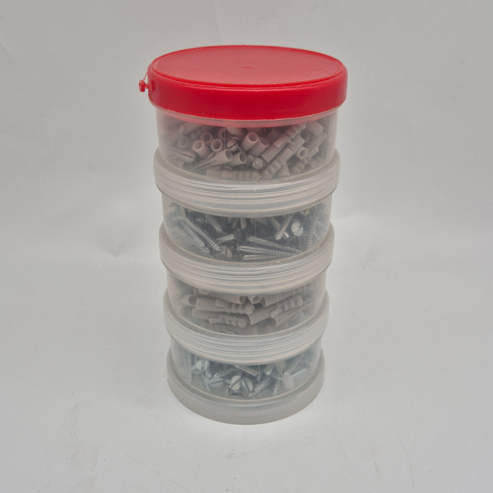 Sortiment med skruvar och plugg i stapelbar plastburk – komplett set för montering