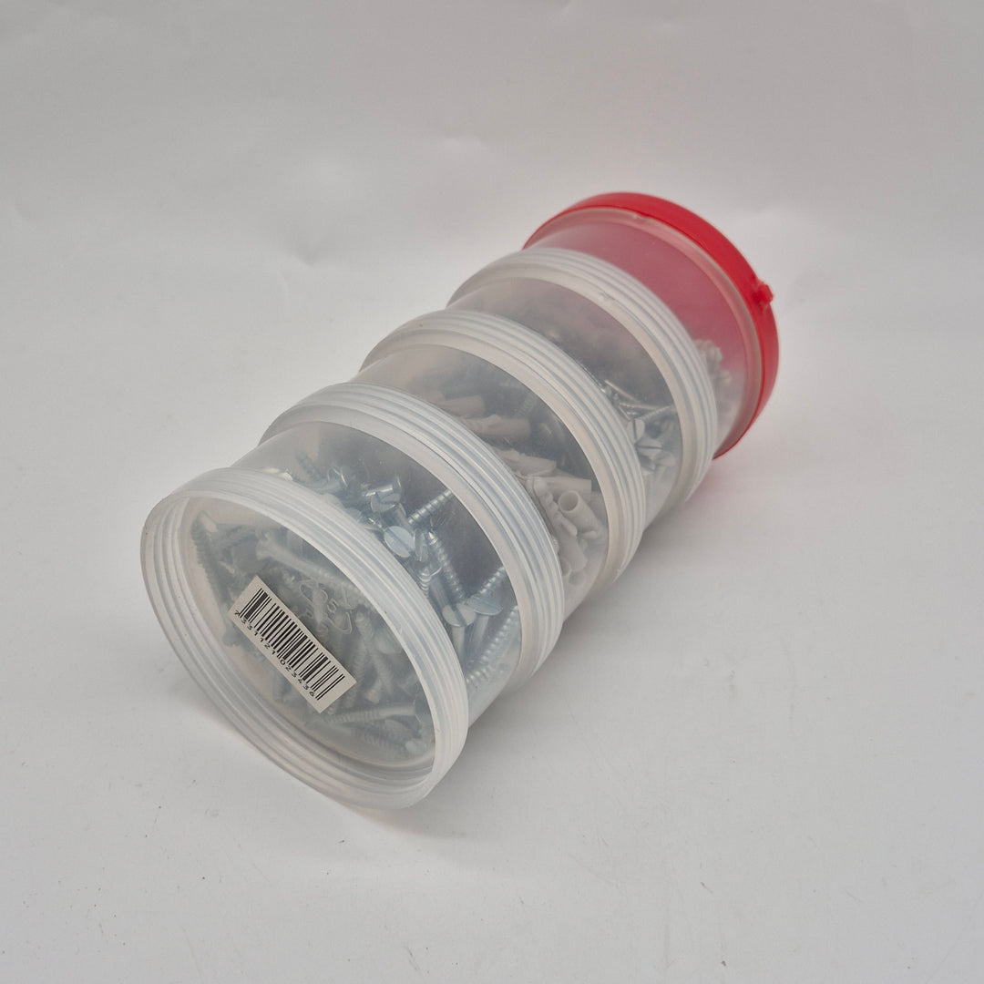 Sortiment med skruvar och plugg i stapelbar plastburk – komplett set för montering