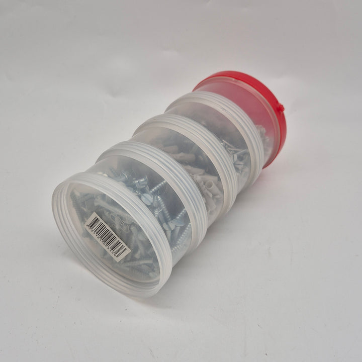 Sortiment med skruvar och plugg i stapelbar plastburk – komplett set för montering