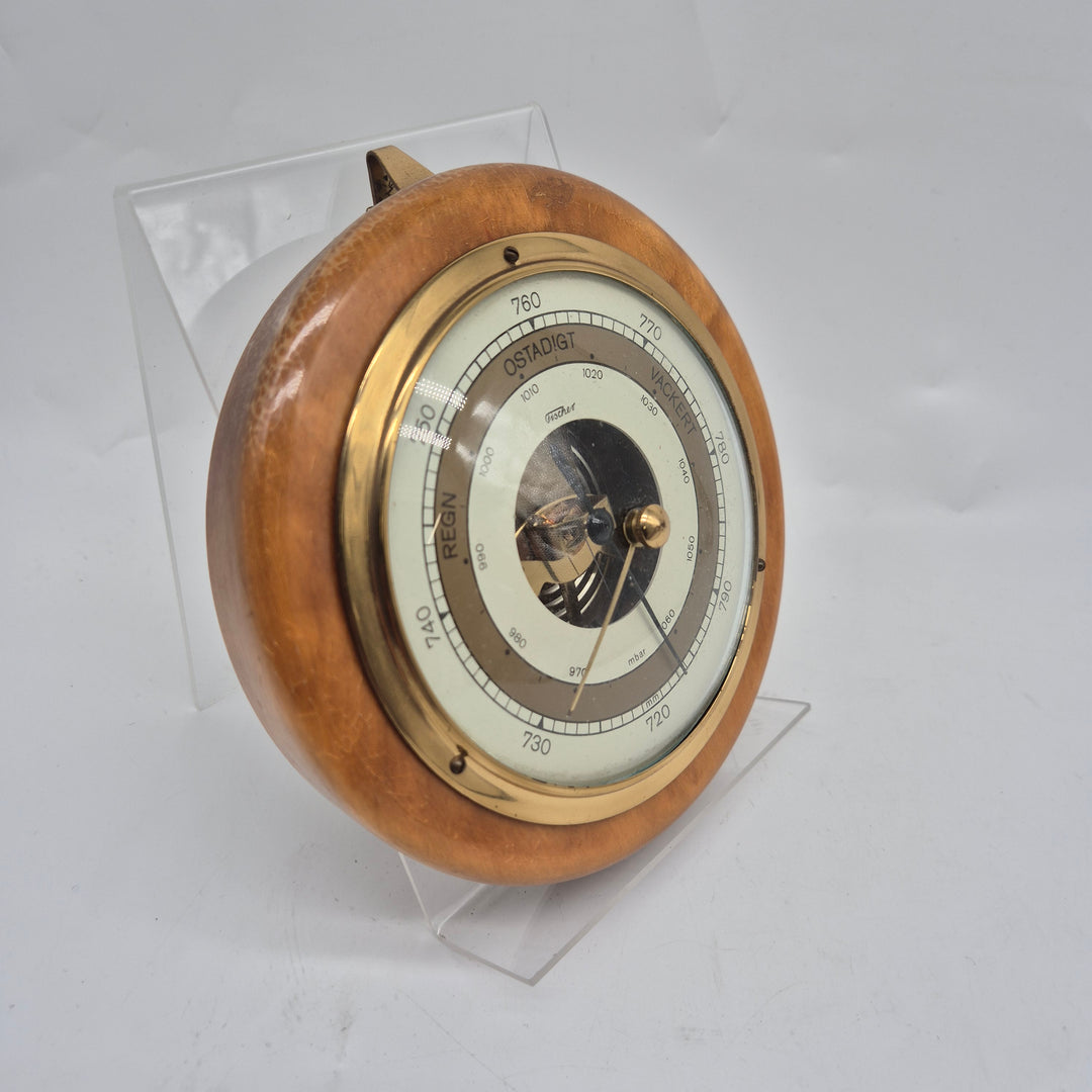 Retro barometer i mässing och trä Fisher