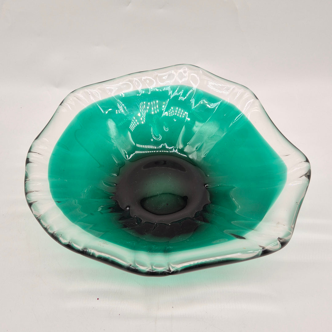 Retro konstglas skål i grönt och klart glas – dekorativt fat