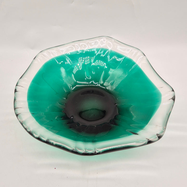 Retro konstglas skål i grönt och klart glas – dekorativt fat