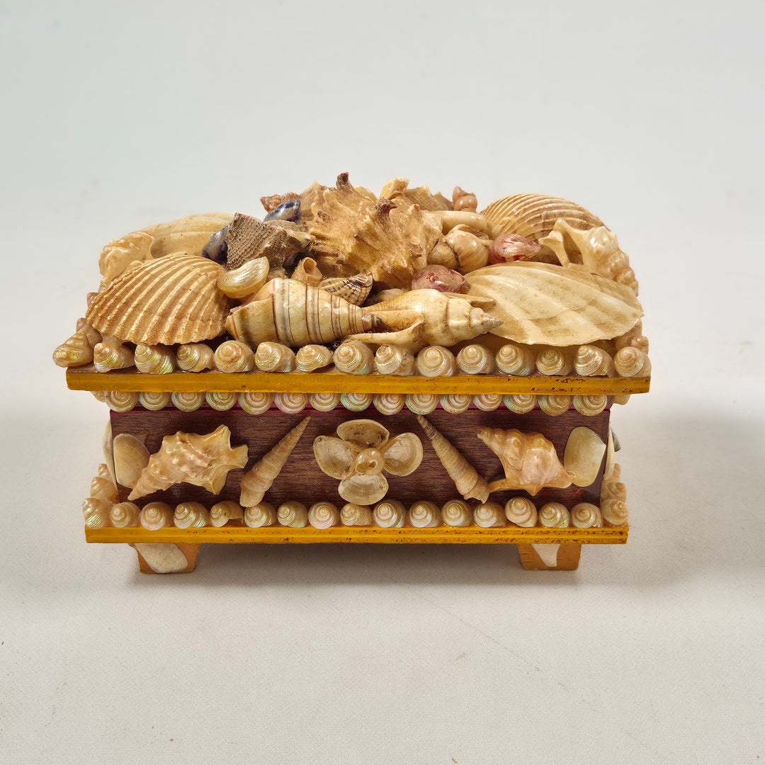 Vintage smyckeskrin i trä med snäckskal