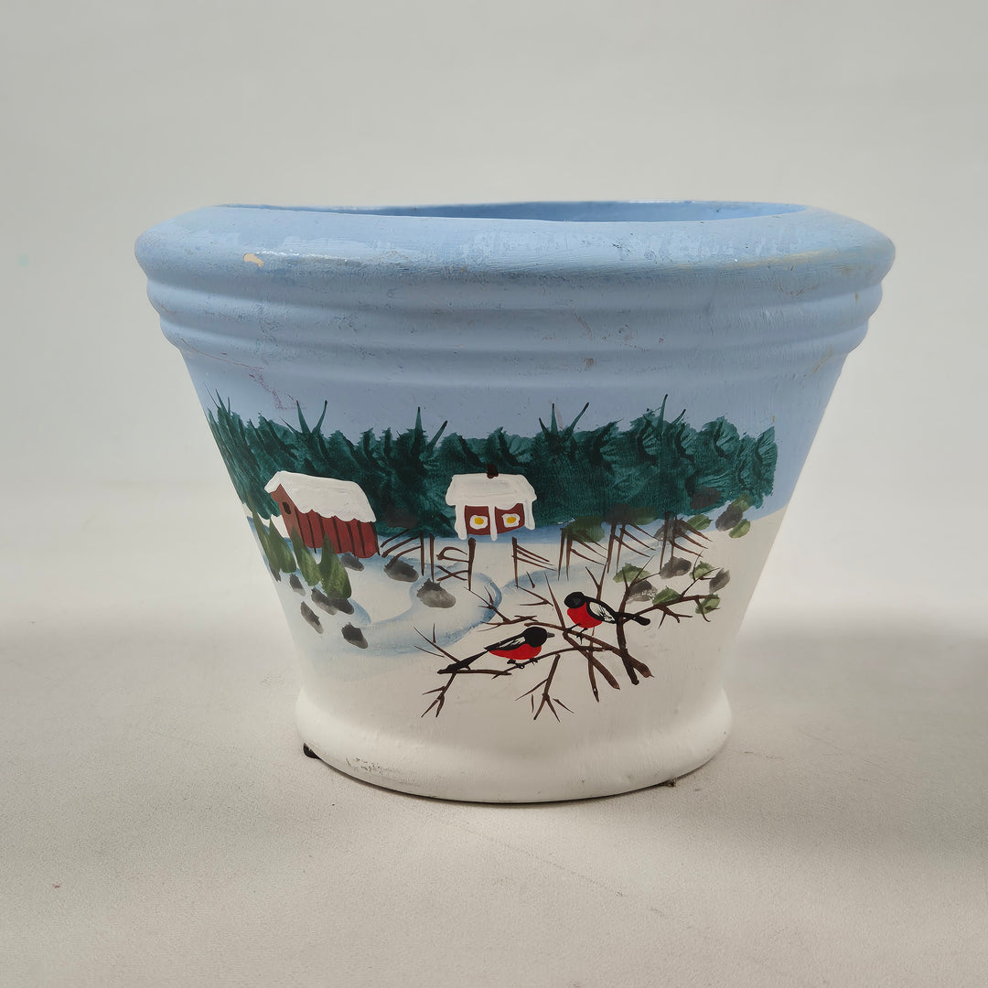 Retro keramikblomkruka med vintermotiv