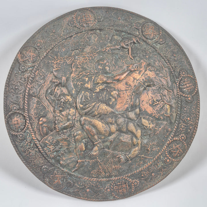 Antik koppartallrik med historiska motiv