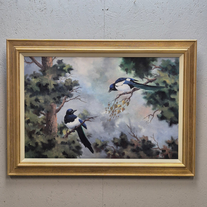 Retro Oljemålning av Skator i Skog