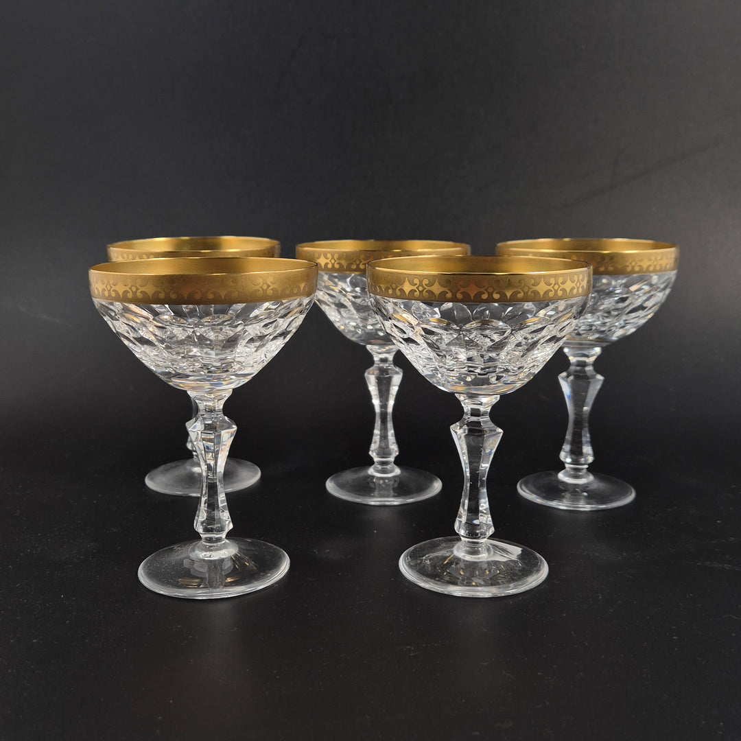 Retro champagneskålar i kristall med guldkant (5st)