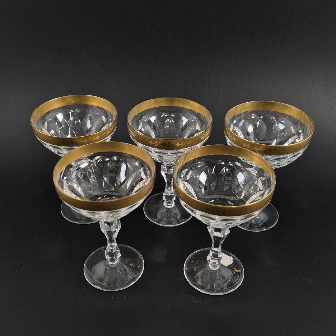 Retro champagneskålar i kristall med guldkant (5st)