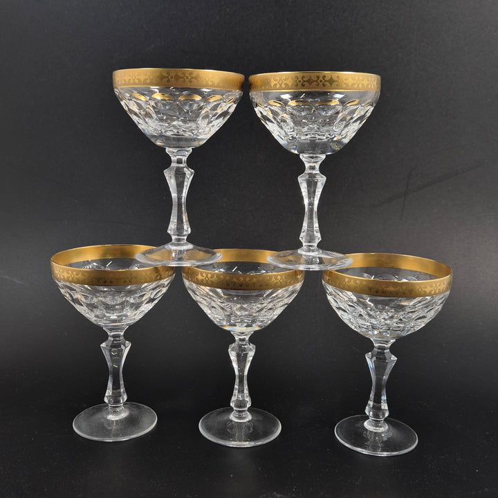 Retro champagneskålar i kristall med guldkant (5st)