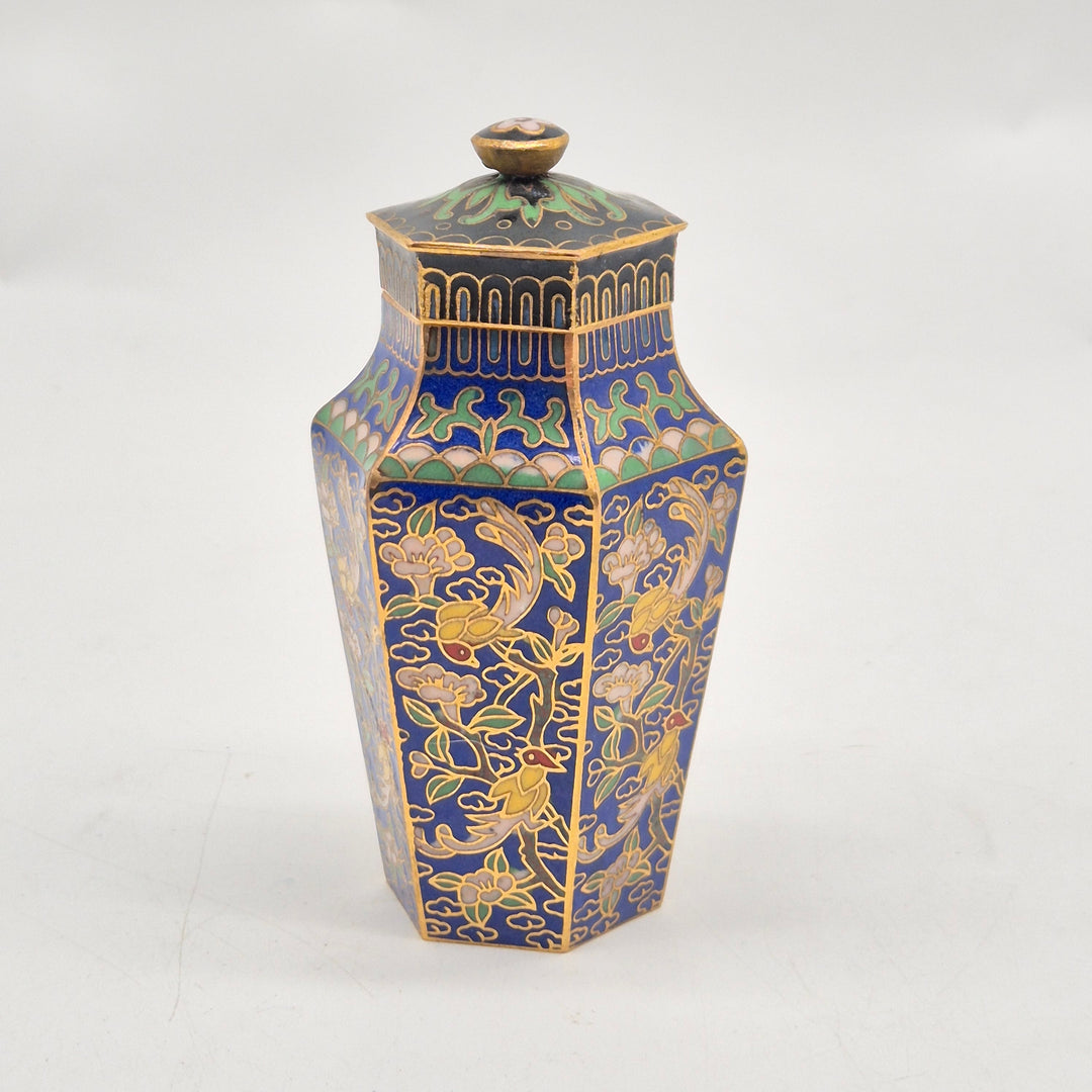 Retro cloisonné vasburk med lock blomdekor