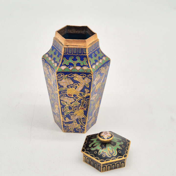 Retro cloisonné vasburk med lock blomdekor