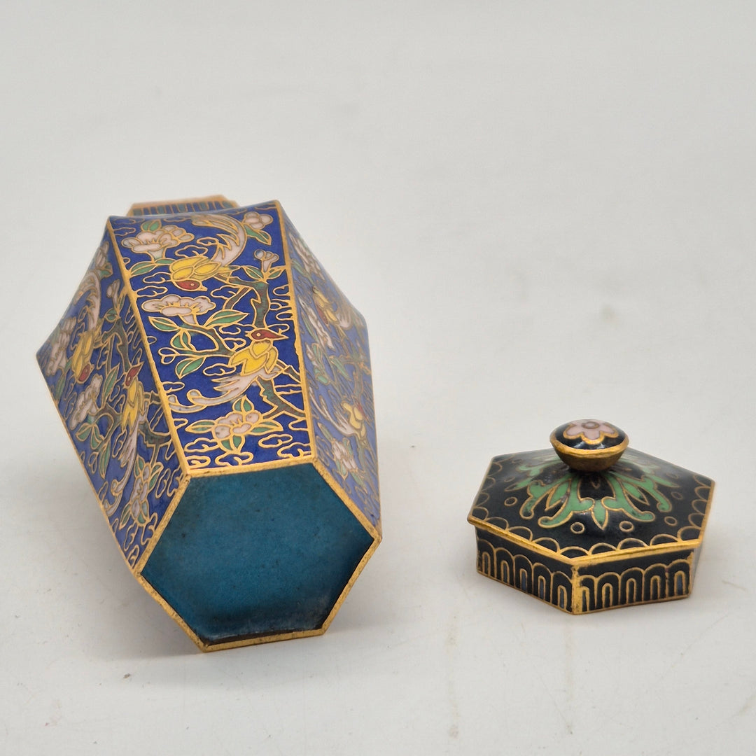 Retro cloisonné vasburk med lock blomdekor