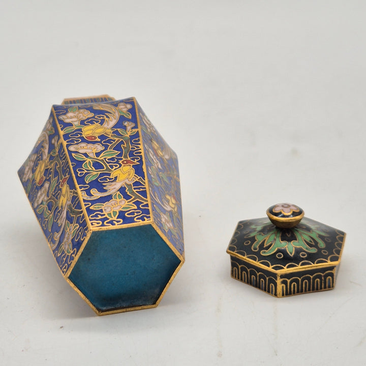 Retro cloisonné vasburk med lock blomdekor