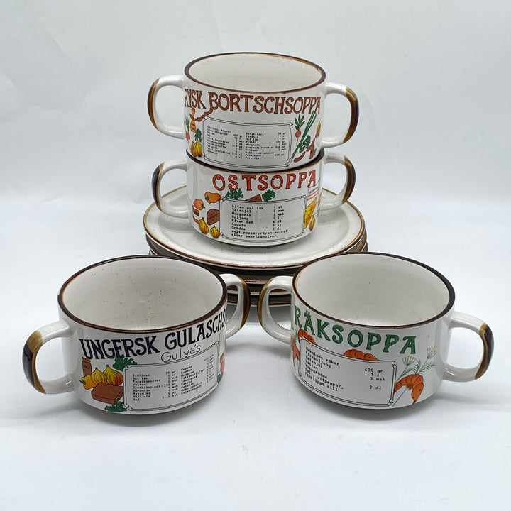 Retro keramiska soppskålar med soppmotiv