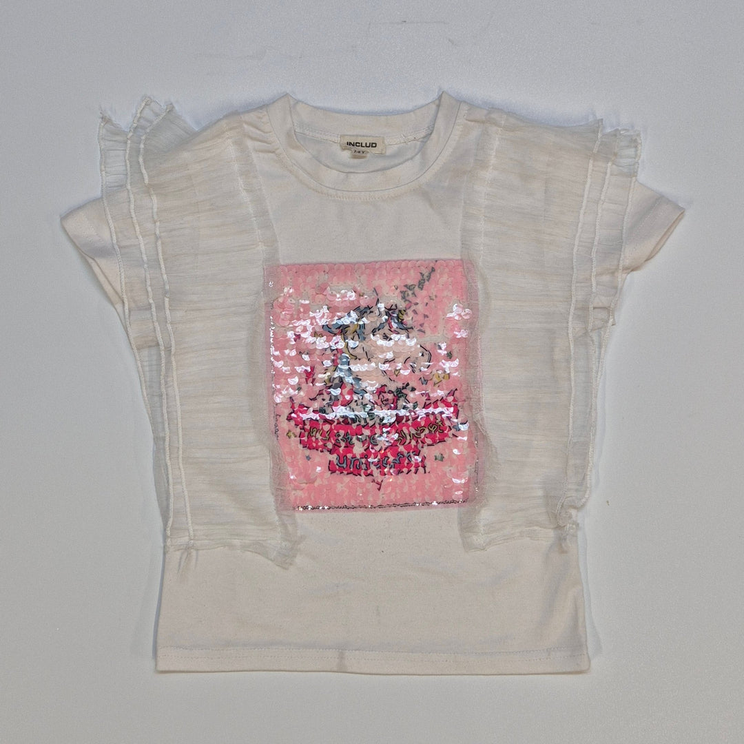 Kreativ Beige T-Shirt med Paljettmotiv - Homy Secondhand Online
