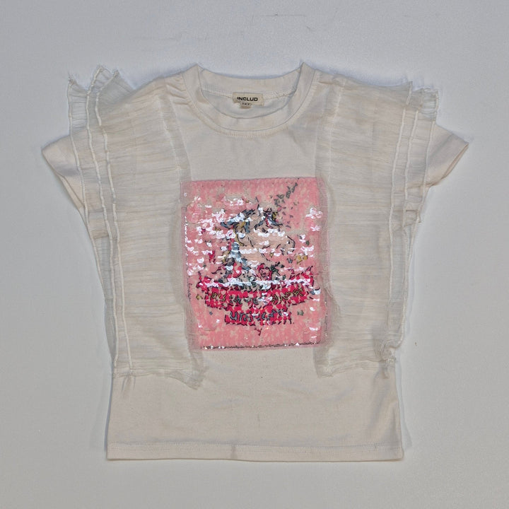 Kreativ Beige T-Shirt med Paljettmotiv - Homy Secondhand Online