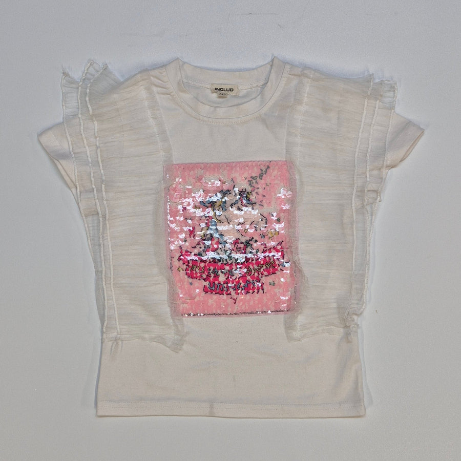 Kreativ Beige T-Shirt med Paljettmotiv - Homy Secondhand Online