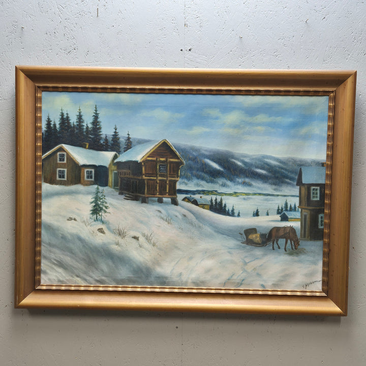Klassisk oljemålning vinterlandskap på duk