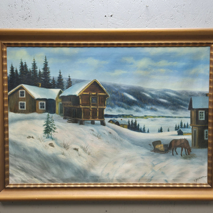 Klassisk oljemålning vinterlandskap på duk