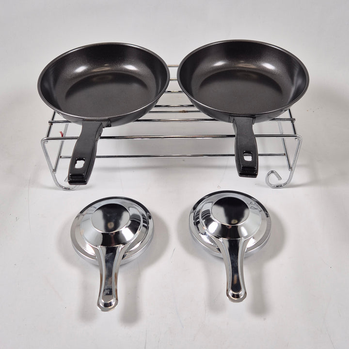 Mini stekpannor set med värmeställ – Serveringsset i rostfritt stål