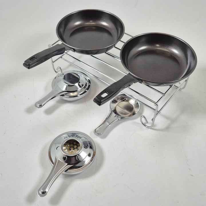 Mini stekpannor set med värmeställ – Serveringsset i rostfritt stål