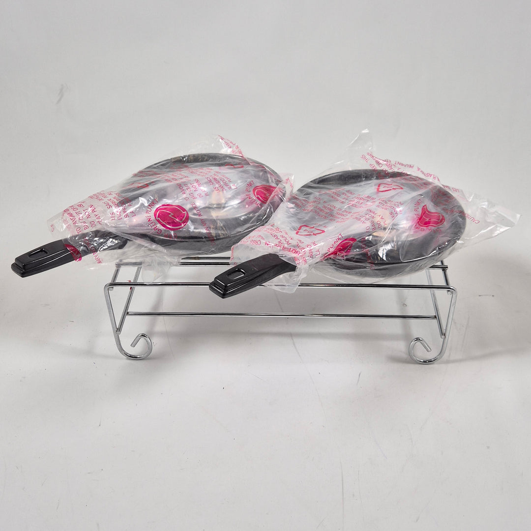 Mini stekpannor set med värmeställ – Serveringsset i rostfritt stål