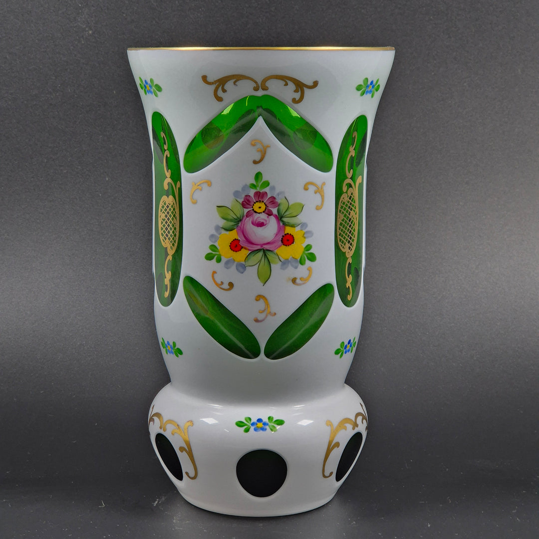 Retro handmålad glasvas grön med blommotiv