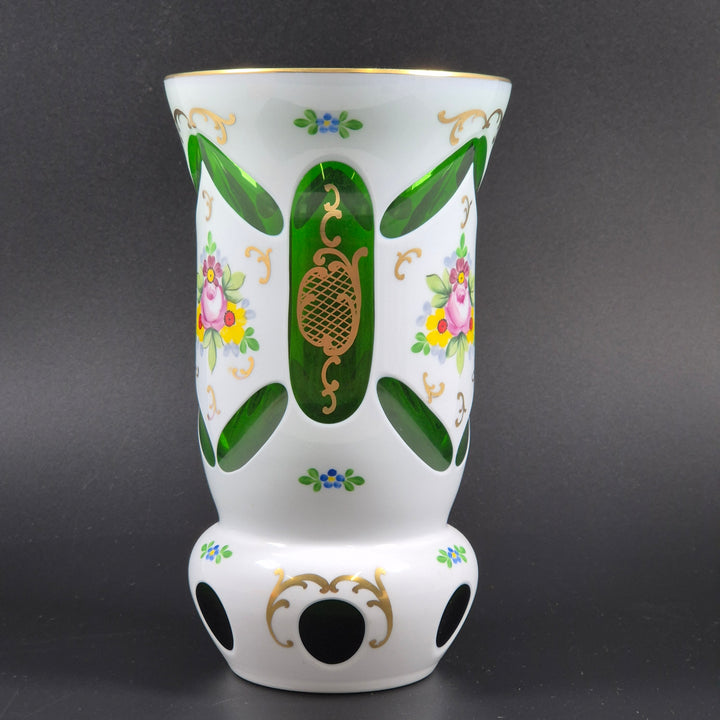 Retro handmålad glasvas grön med blommotiv