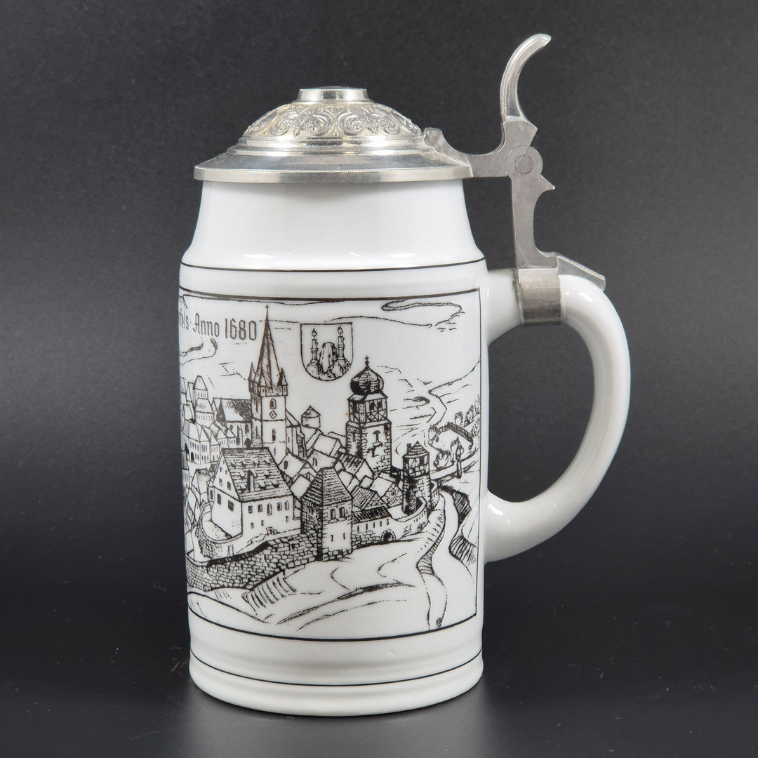 Retro tysk ölsejdel i porslin med tennlock