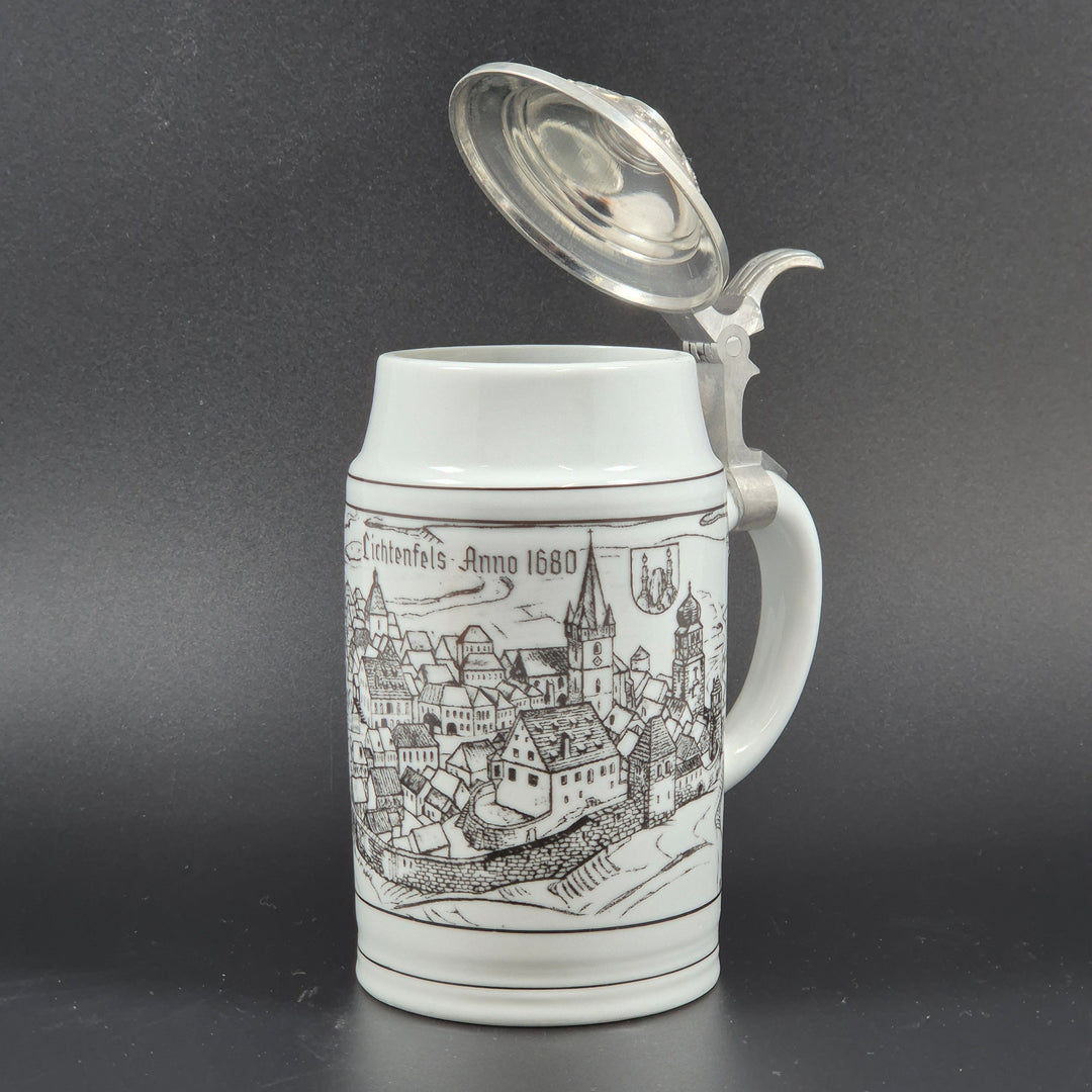 Retro tysk ölsejdel i porslin med tennlock