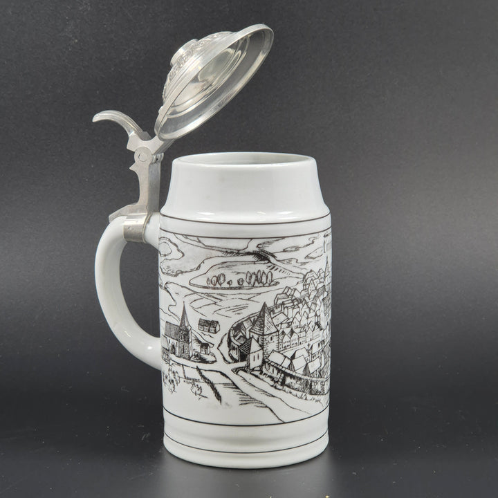 Retro tysk ölsejdel i porslin med tennlock