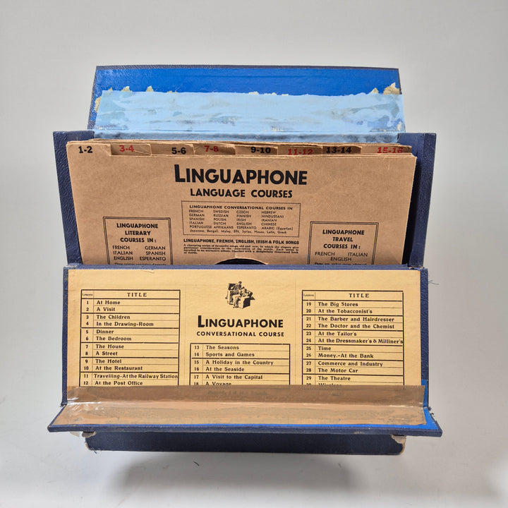 Vintage Linguaphone språkkurs grammofonskivor blå box