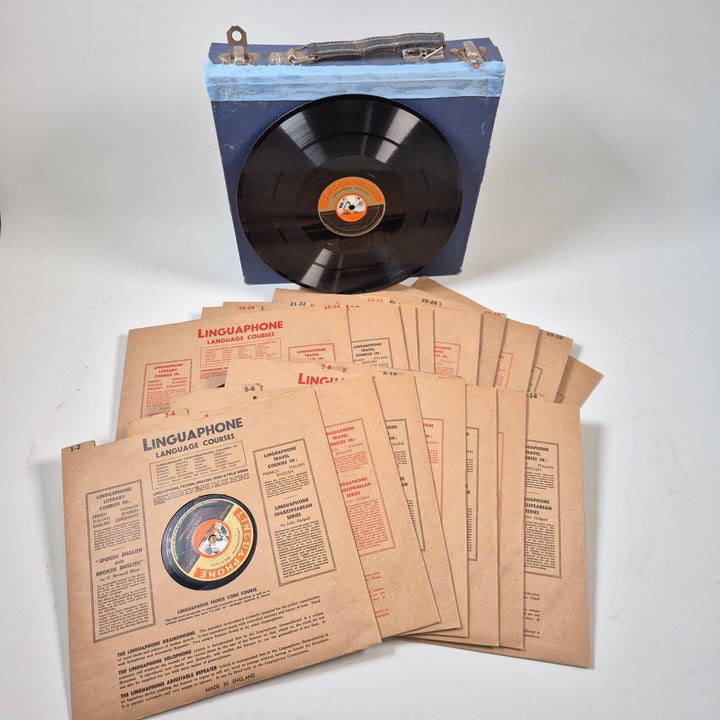 Vintage Linguaphone språkkurs grammofonskivor blå box