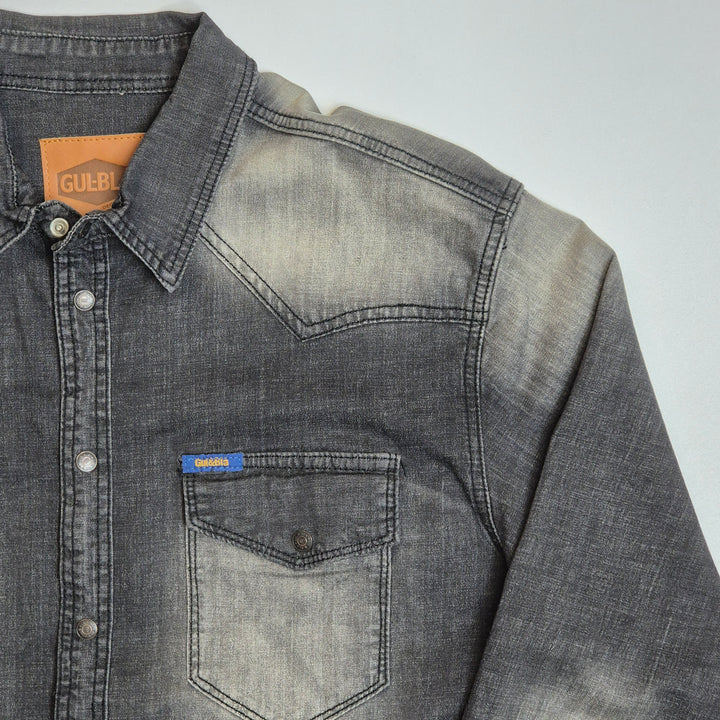 GUL-BLÅ vintage jeansskjorta gråsvart XL