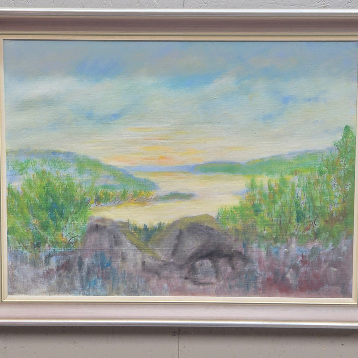 Stämningsfull landskapstavla i pastell med träram
