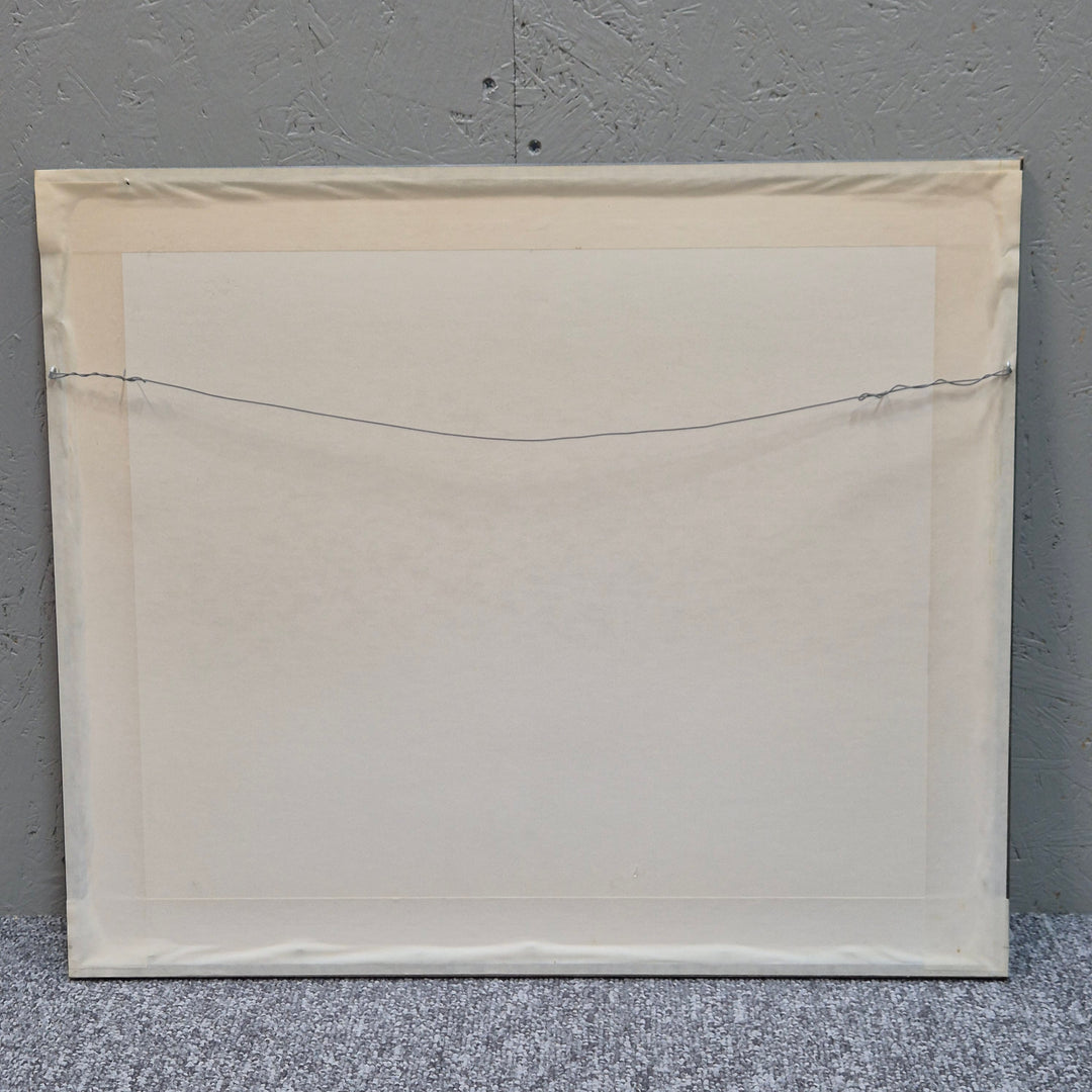 Färgstark signerad litografi hus vid vattnet