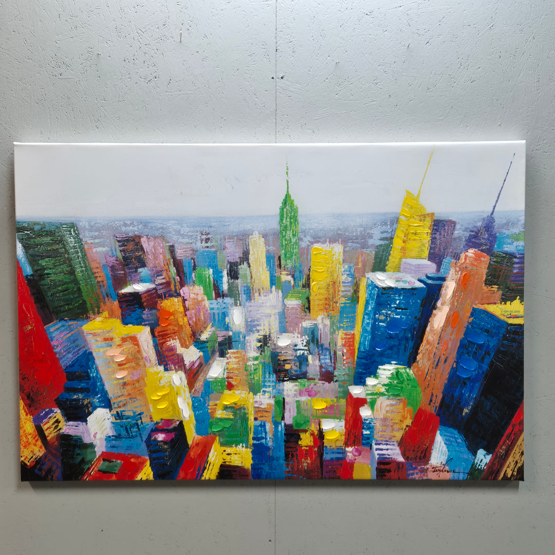 Färgstark modern citymålning på canvas